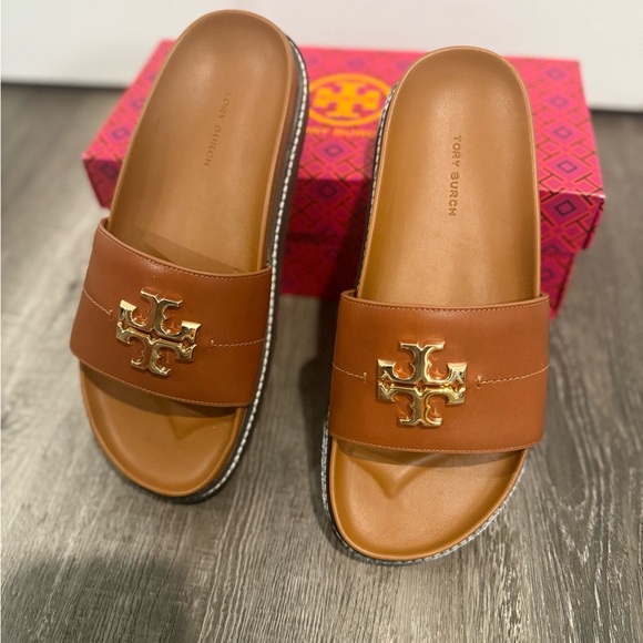 TORY BURCH EVERLY ANATOMIC LUG PARIS SLIDES IN BOURBON/COCONUT COLOR - Picture 9 of 13